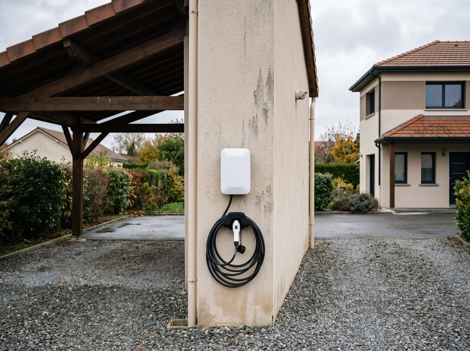 Borne de recharge pour véhicule électrique installée dans un garage de maison individuelle
