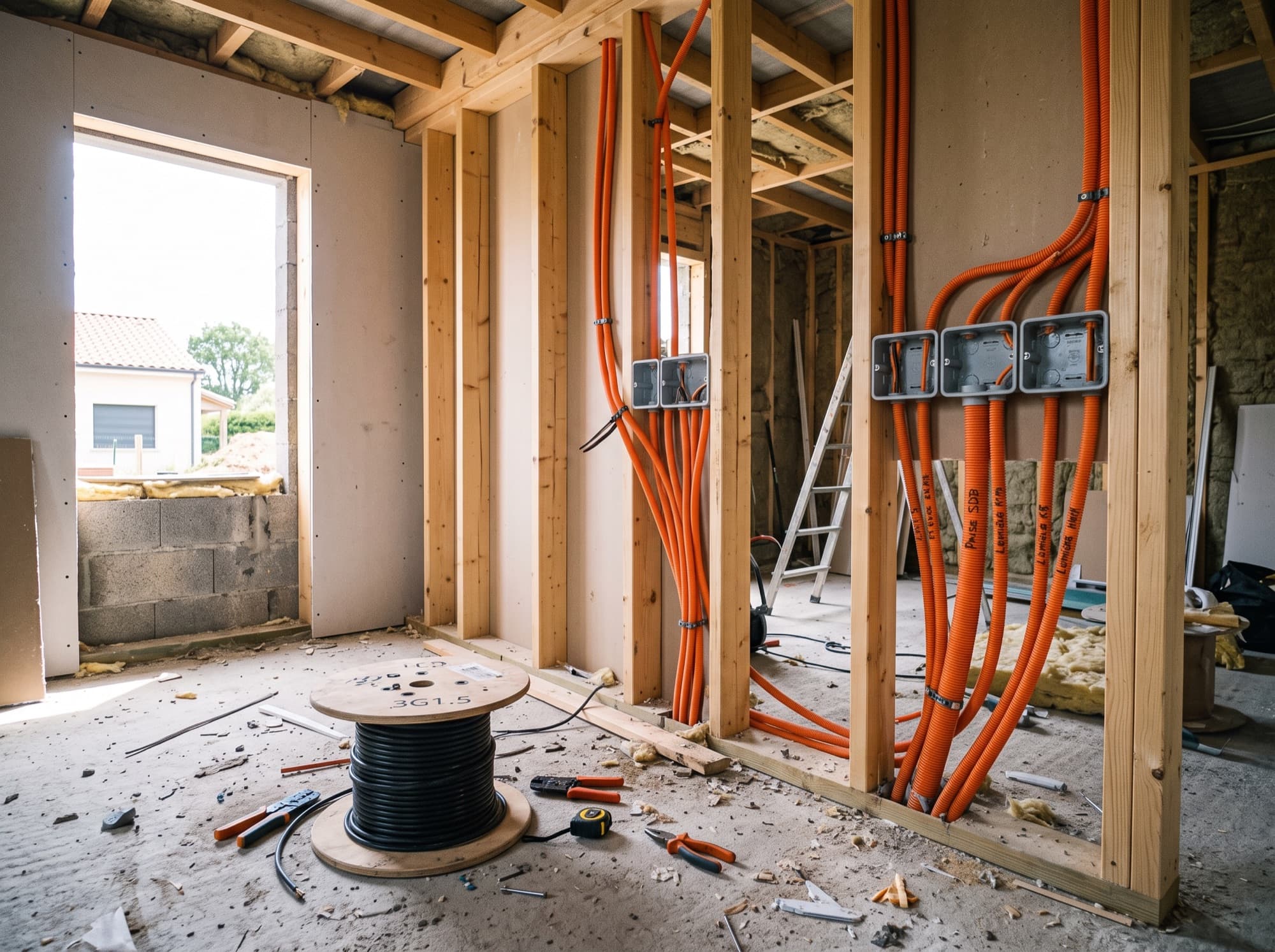 Installation électrique neuve dans un bâtiment reconverti, câblage et boîtiers apparents