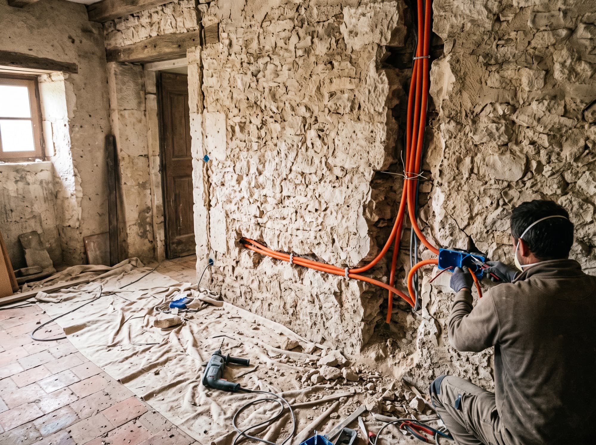 Mur en pierre d'une maison ancienne du bourg de La Brède, avec goulotte électrique apparente