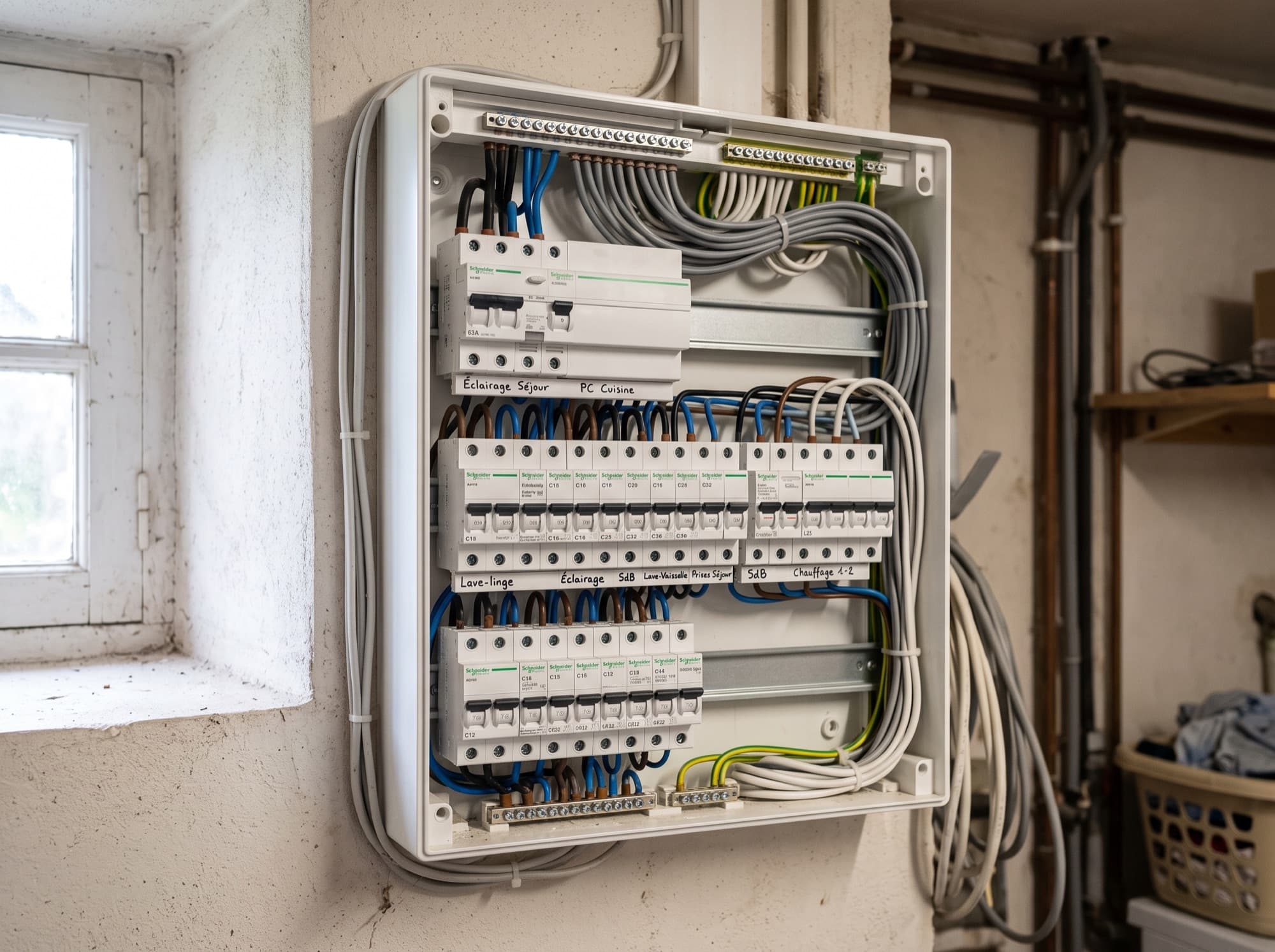 Tableau électrique neuf avec disjoncteurs différentiels et repérage des circuits