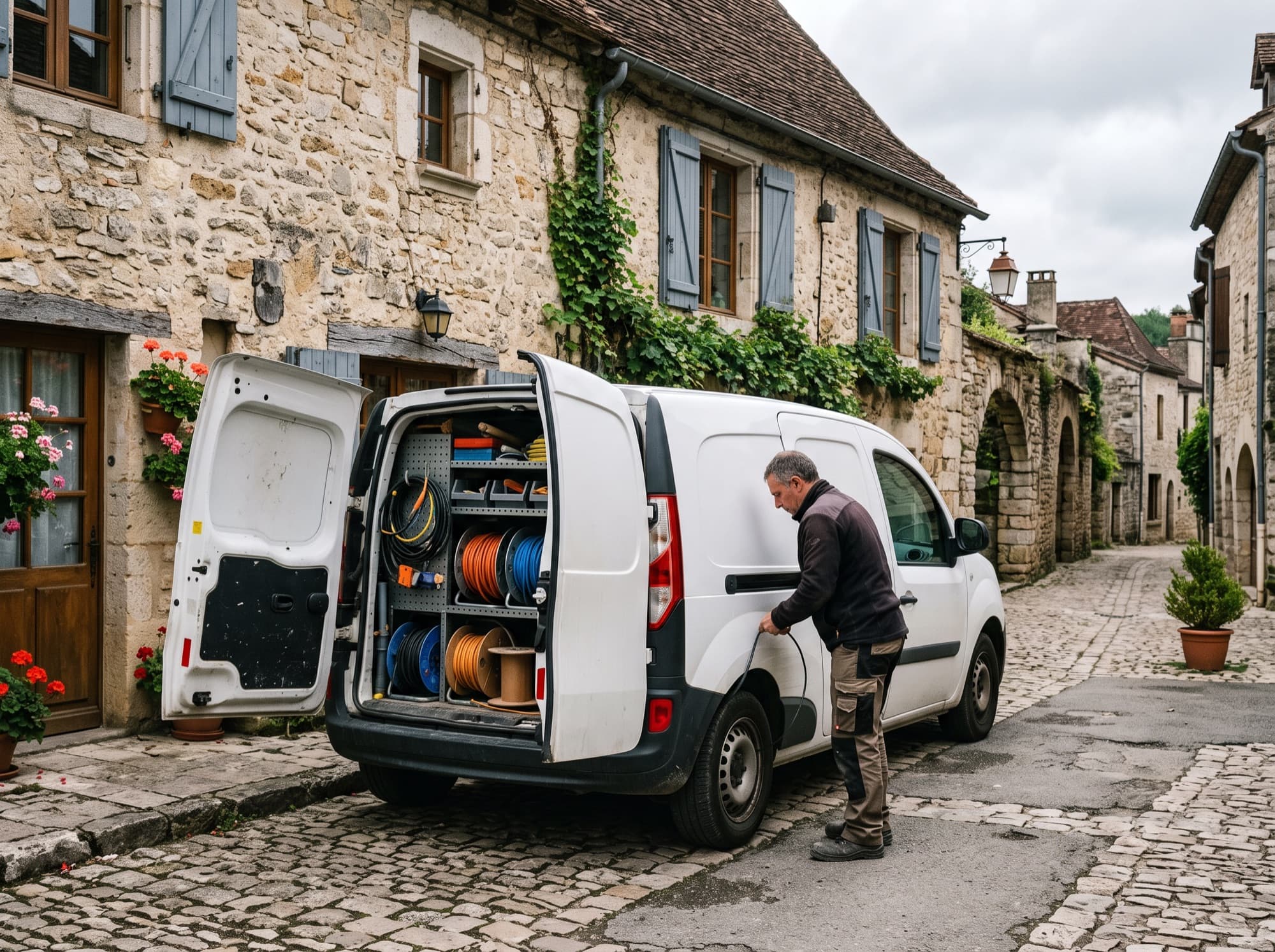 Véhicule utilitaire d'électricien garé devant une maison avant une intervention